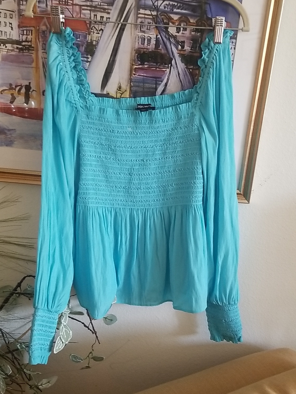 Boston Proper Turquoise Smocked Peasant Tunic